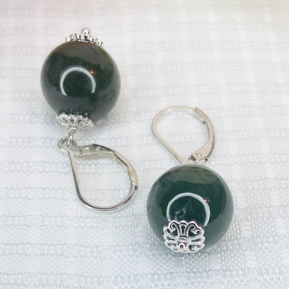 Sterling Silver Dark Green Jade Bead Drop Leverback Earrings - Picture 4 of 5